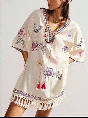 Boho Embroidered Ivory Floral Tunic Dress